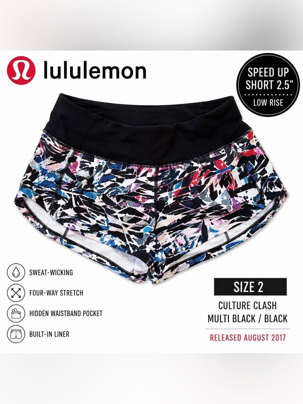 lululemon "Swift" Speed Up Short 2.5 Low Rise Culture Clash Multi Black Size 2
